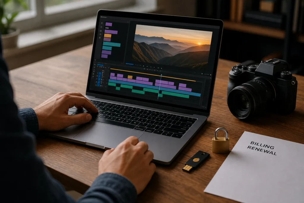 A person reviewing a generic video-editing timeline beside a USB security key, padlock, and a plain BILLING RENEWAL invoice.
