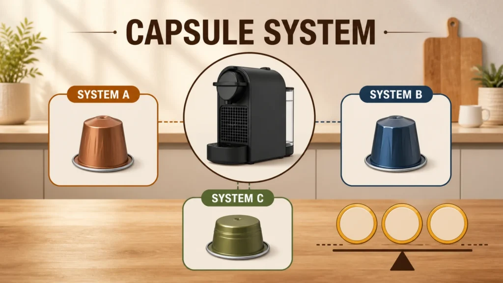 Editorial diagram comparing three distinct capsule systems for coffee-machine compatibility
