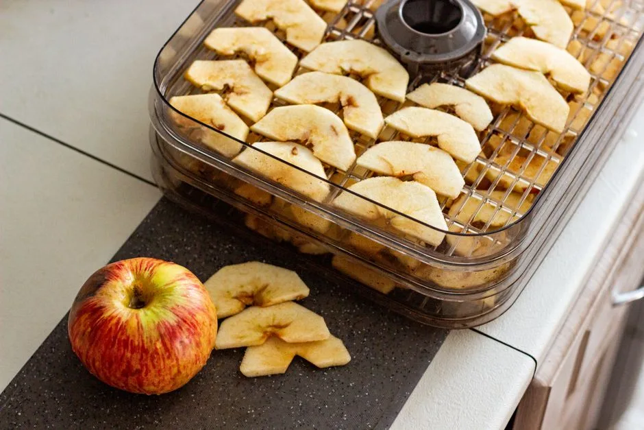 A generic, unbranded food dehydrator filled with sliced apples sits on a kitchen counter beside a whole apple and several loose apple slices. No recording or calculation tools are visible.