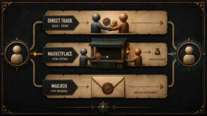 Original illustration comparing Hero Siege delivery routes: direct trade with gold and items, Marketplace item listing and sale proceeds, and item-only Mailbox.