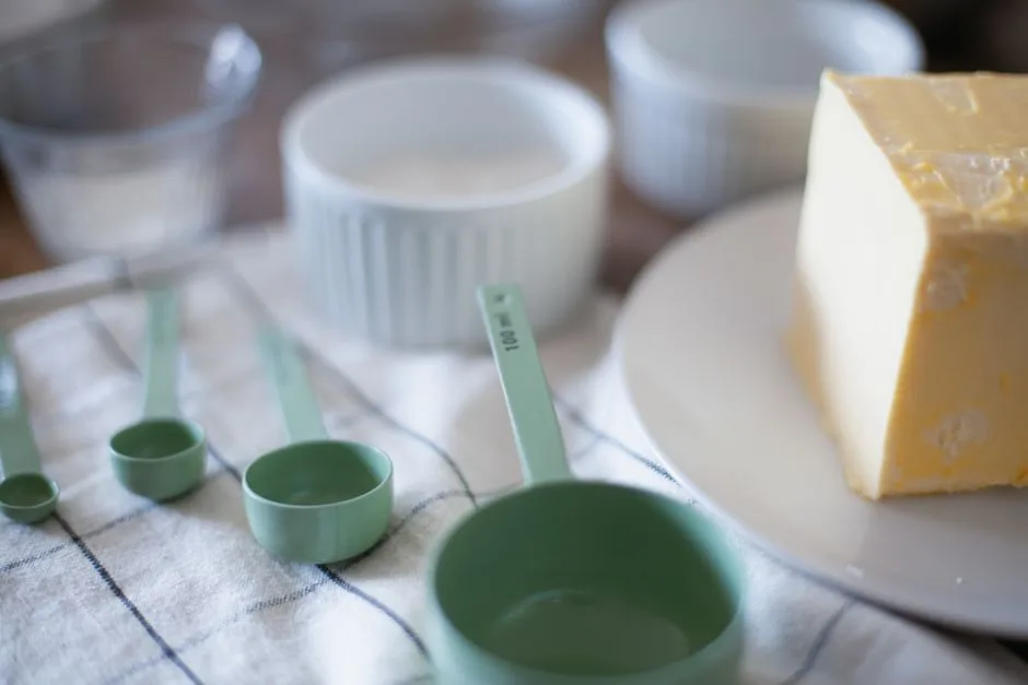 A block of butter on a white plate beside green measuring cups and white ramekins on a cloth-covered kitchen surface.