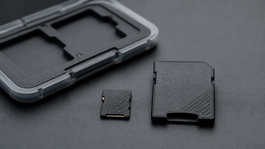 보관 케이스 옆에 놓인 무표식 microSD 카드와 어댑터