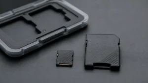 보관 케이스 옆에 놓인 무표식 microSD 카드와 어댑터
