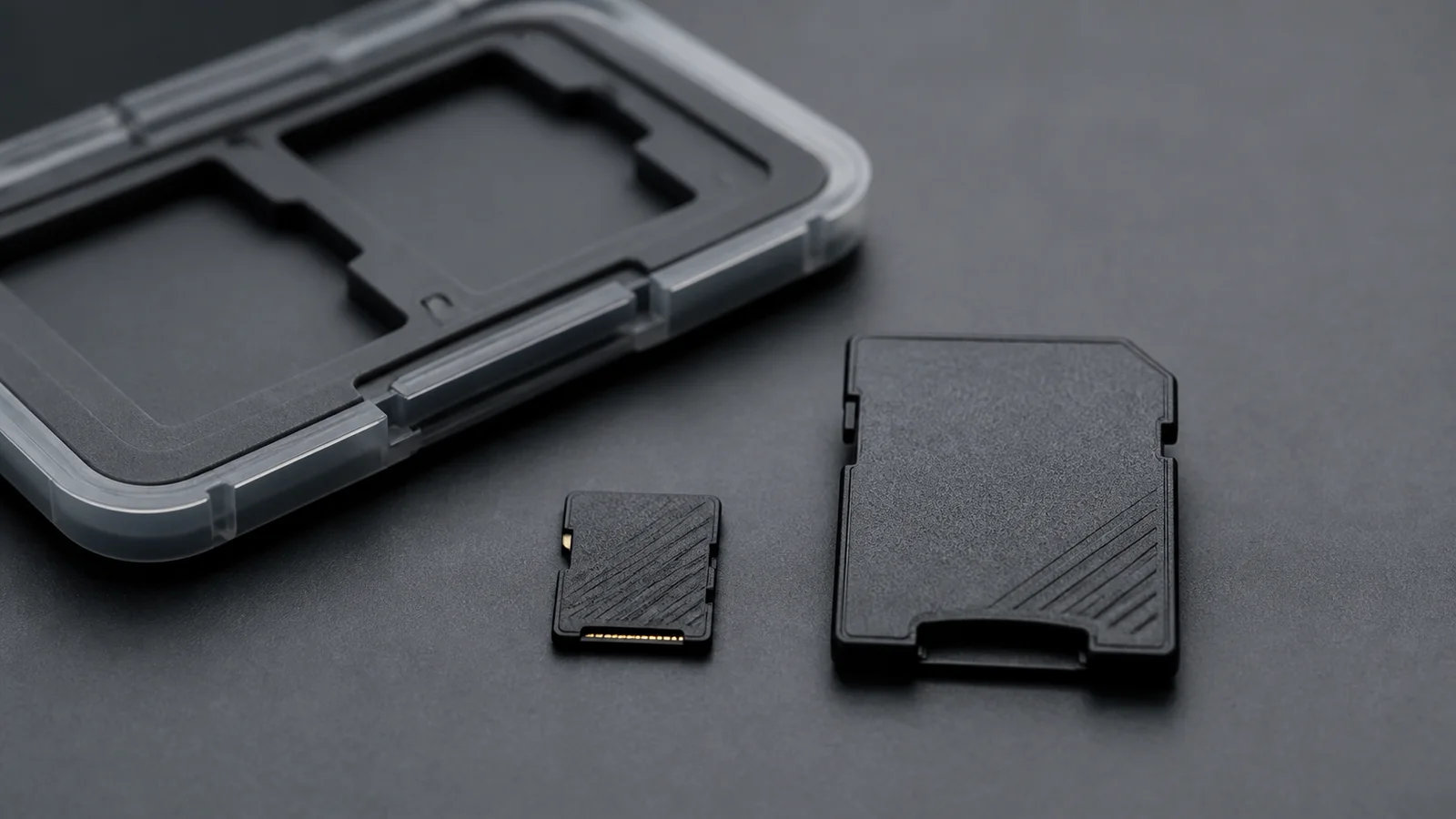 보관 케이스 옆에 놓인 무표식 microSD 카드와 어댑터