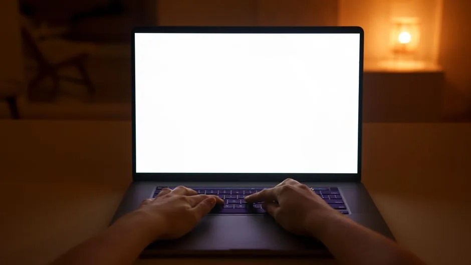 A person’s hands rest on the keyboard of a generic, unbranded laptop with a bright blank screen on a desk in a dim, warmly lit room.