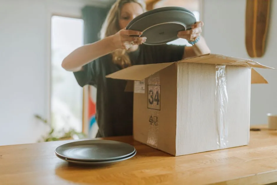 A person unpacking dark plates or shallow bowls from an open cardboard box on a wooden table indoors.