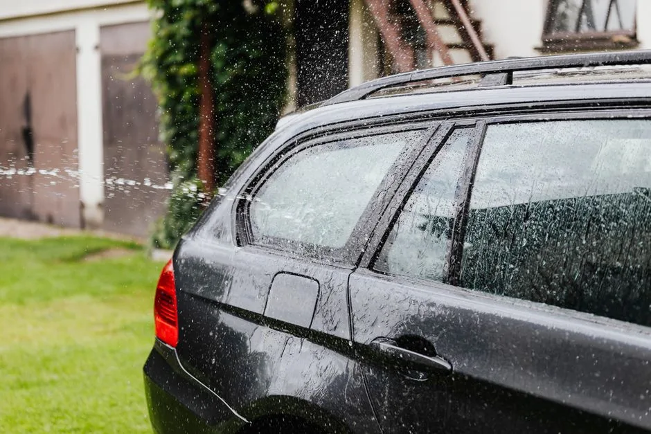 A generic dark station wagon is being sprayed with water outdoors beside a lawn and residential buildings; no cleaning tools or hose are visible.