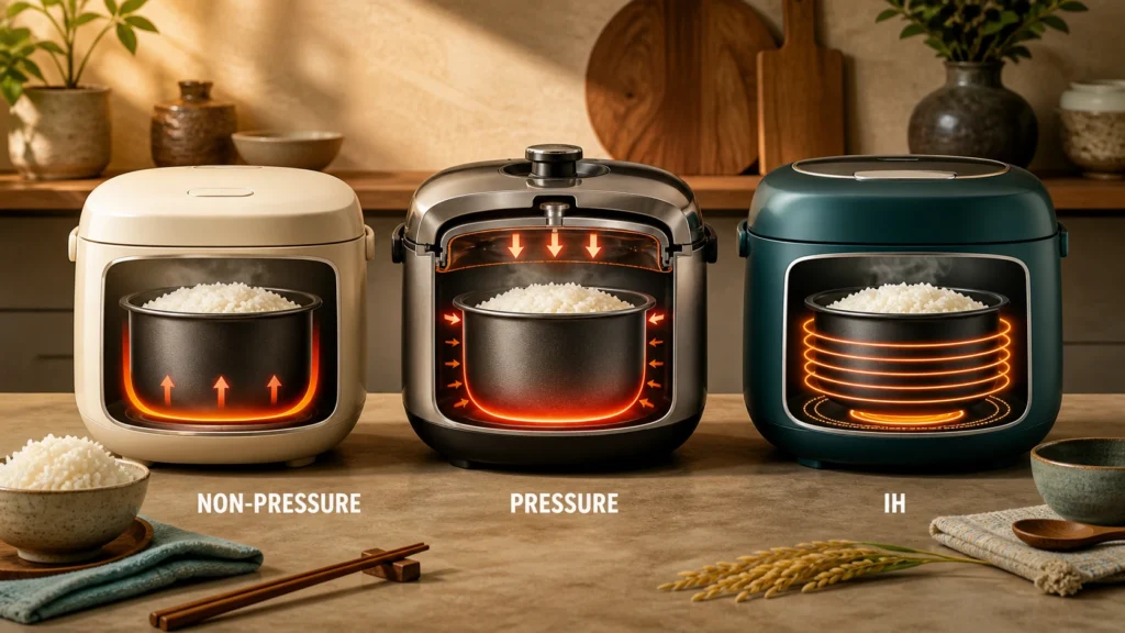 A comparison of non-pressure, pressure, and IH pressure rice-cooker heating types