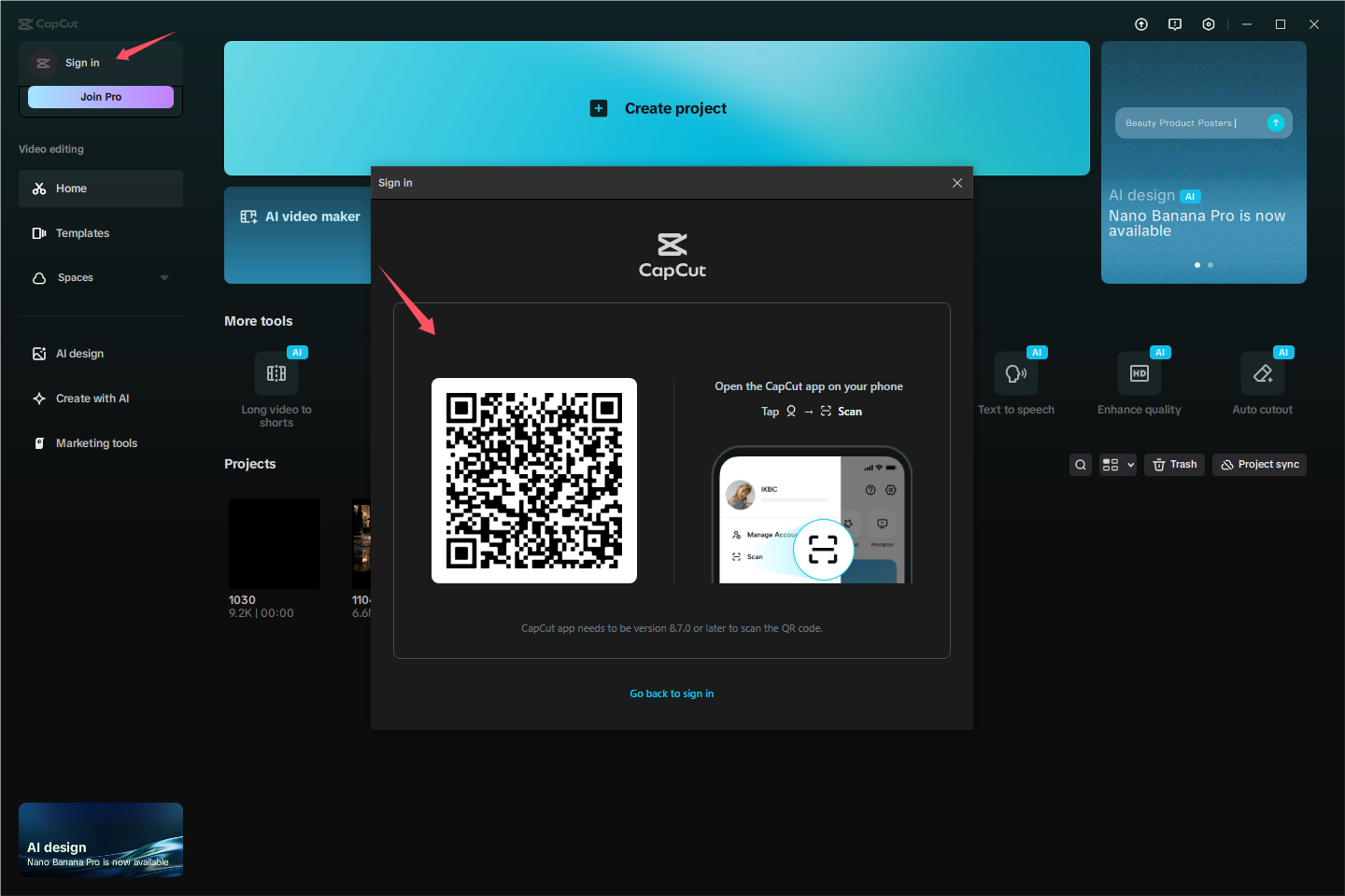 CapCut PC sign-in window showing the mobile QR code login route