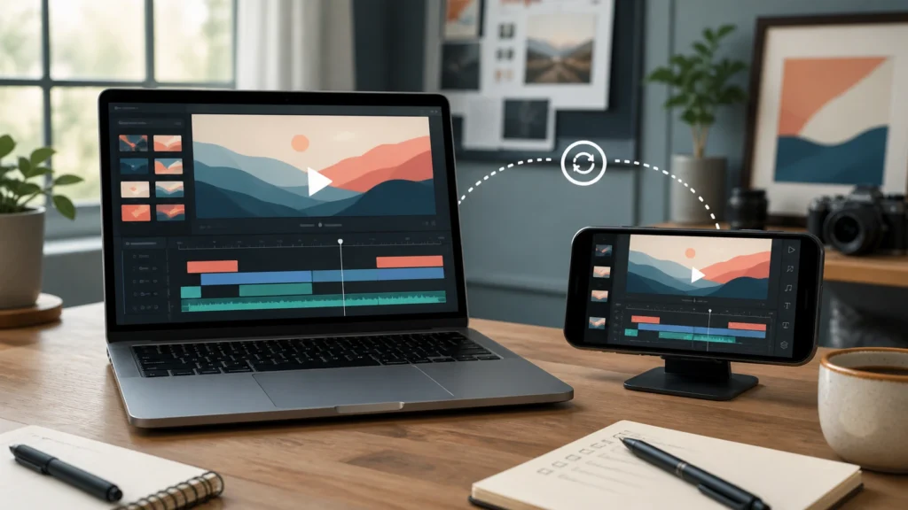 A laptop and a smartphone on a creator-style desk display matching video-editing timelines and the same landscape project, with a dotted synchronization graphic between the devices. No person, brand logo, pricing, subscription promotion, watermark, marketplace UI, or publisher source mark is visible.
