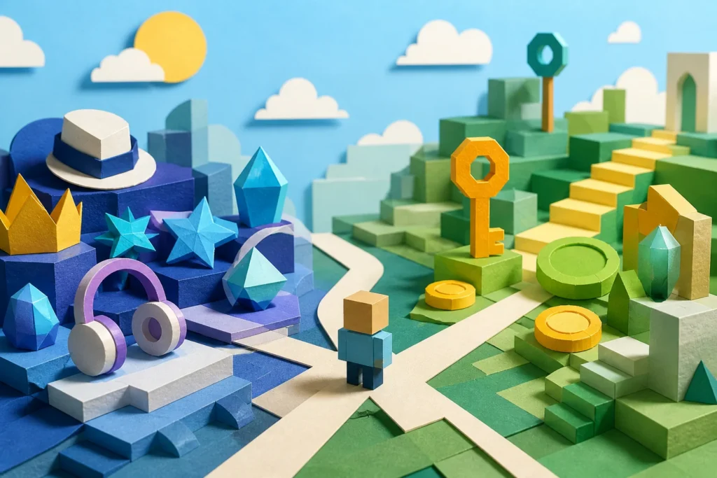 Block-game customization pieces and progression tokens arranged for comparison