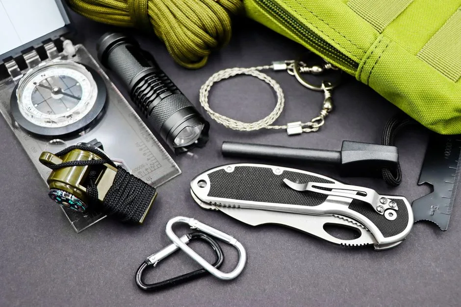 Backpack and field equipment arranged on a table
