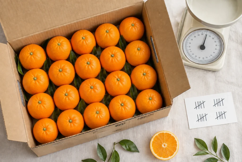 Open cardboard box of countable oranges beside grouped tally marks and a kitchen scale