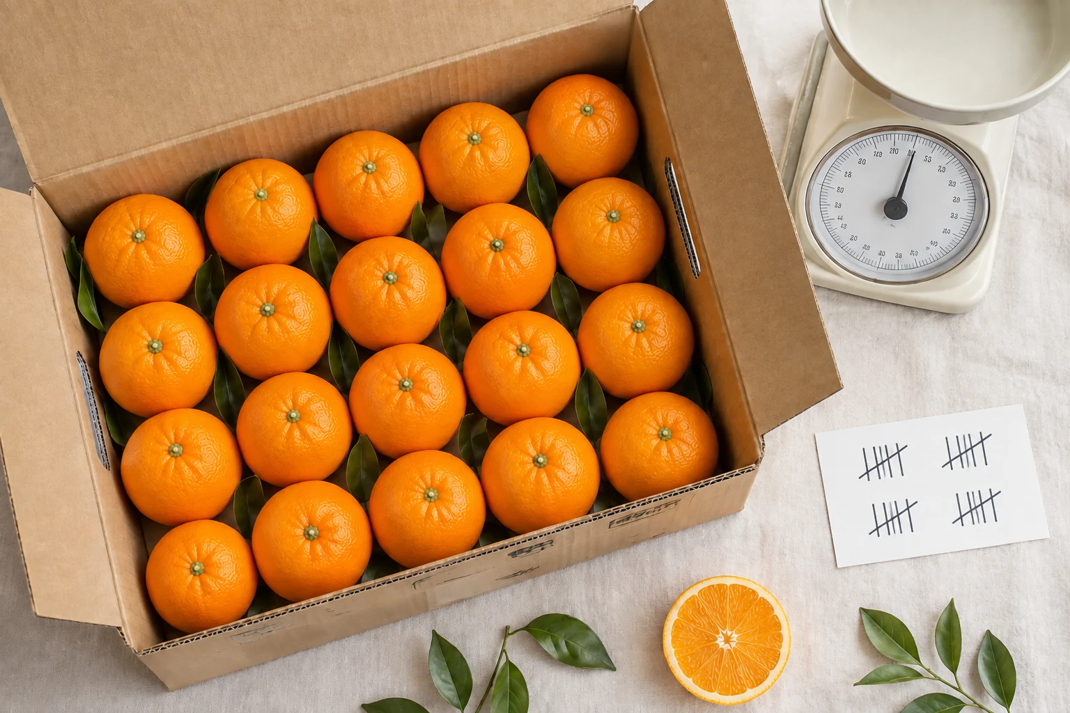 Open cardboard box of countable oranges beside grouped tally marks and a kitchen scale