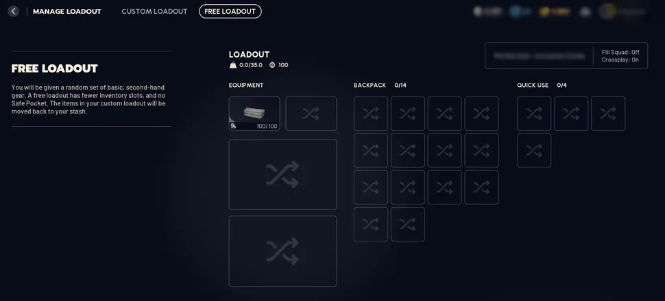 Actual ARC Raiders Free Loadout selection screen stating custom items return to Stash and no Safe Pocket