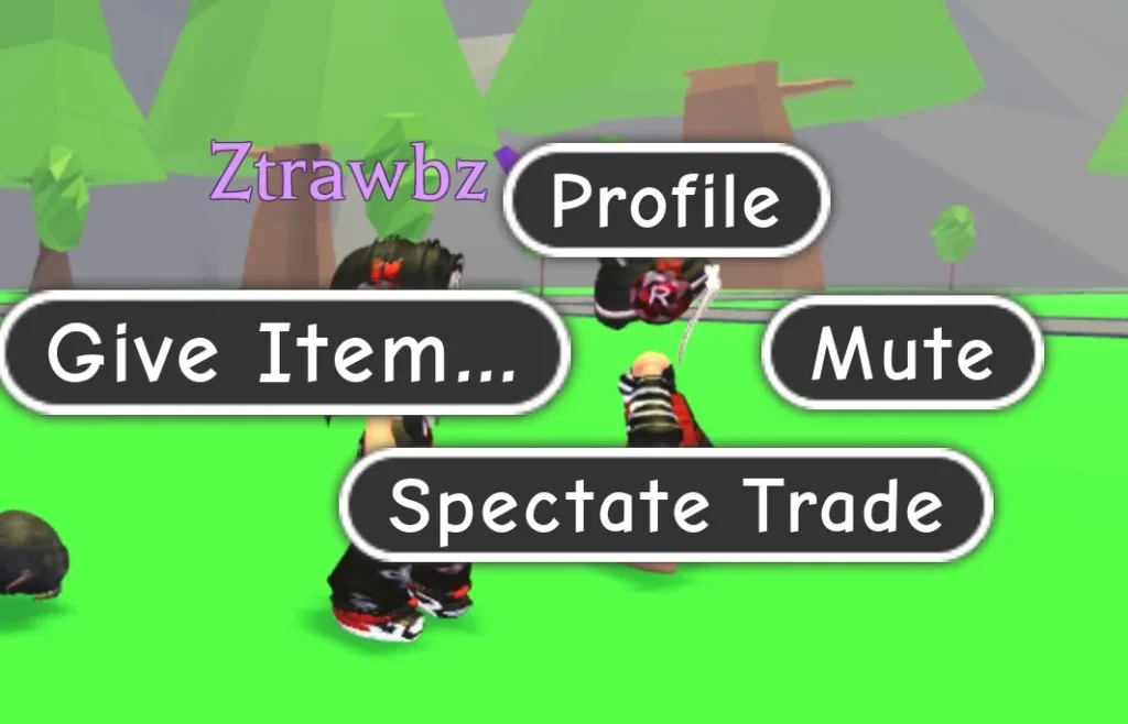 Adopt Me avatar menu showing Give Item and Spectate Trade