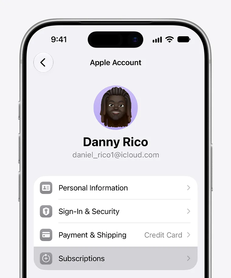 Apple Account 설정에서 구독 항목을 선택한 화면