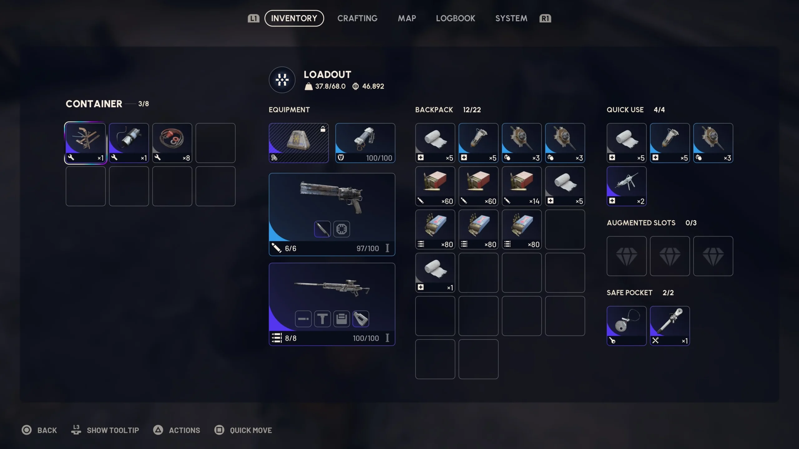 ARC 게임 Inventory 화면의 Equipment, Backpack과 Quick Use 보관 영역