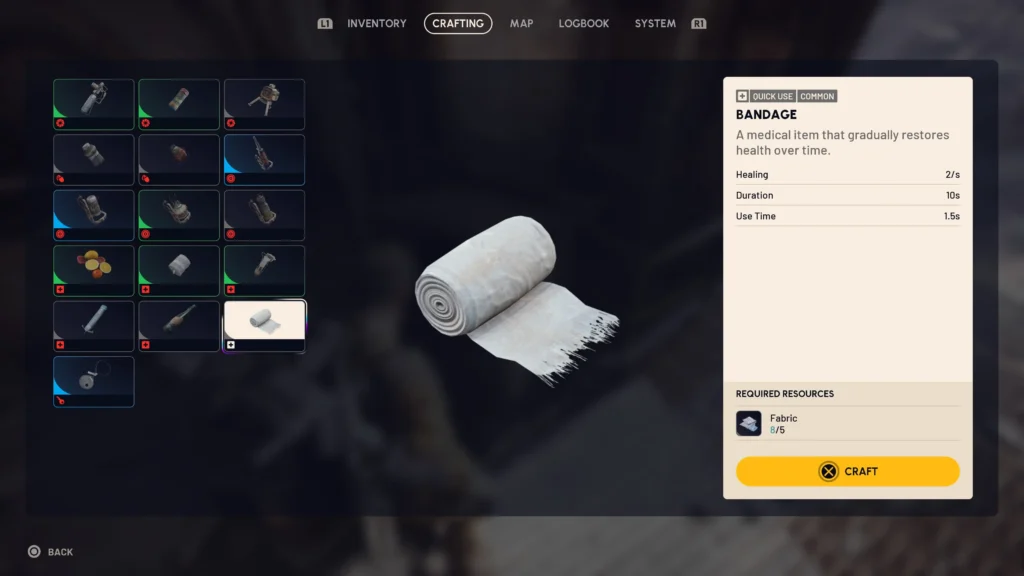 ARC Bandage 제작 화면의 Required Resources Fabric8/5와 활성화된 Craft