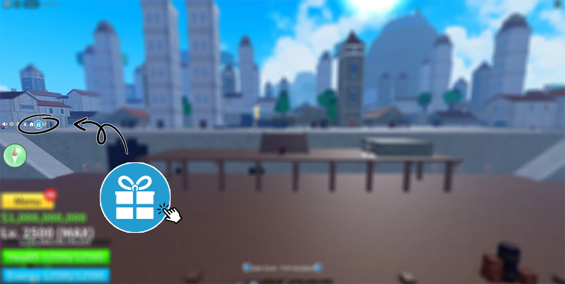 Creator guide points to the left-side Blox Fruits gift icon