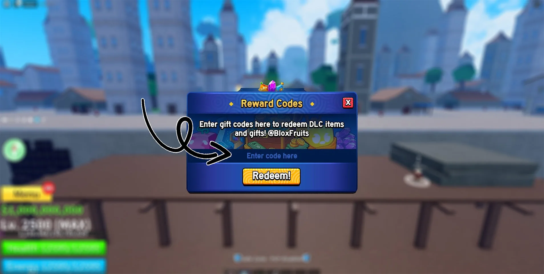 Blox Fruits Reward Codes field and Redeem button
