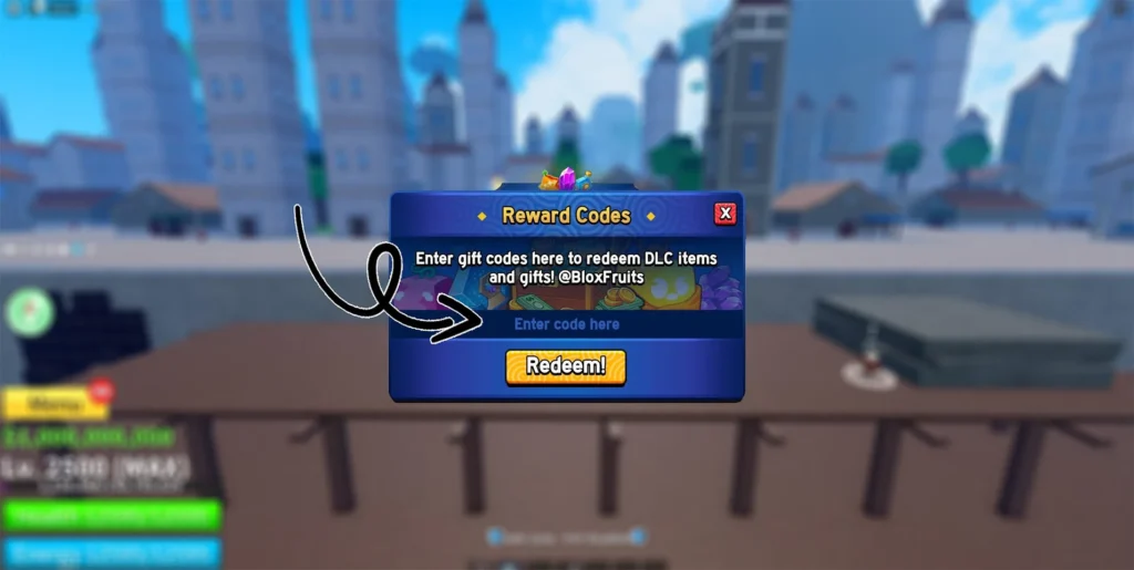 Blox Fruits Reward Codes 입력창과 Redeem 버튼