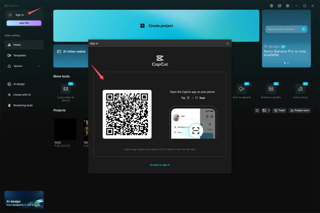 CapCut desktop QR sign-in and phone Scan control