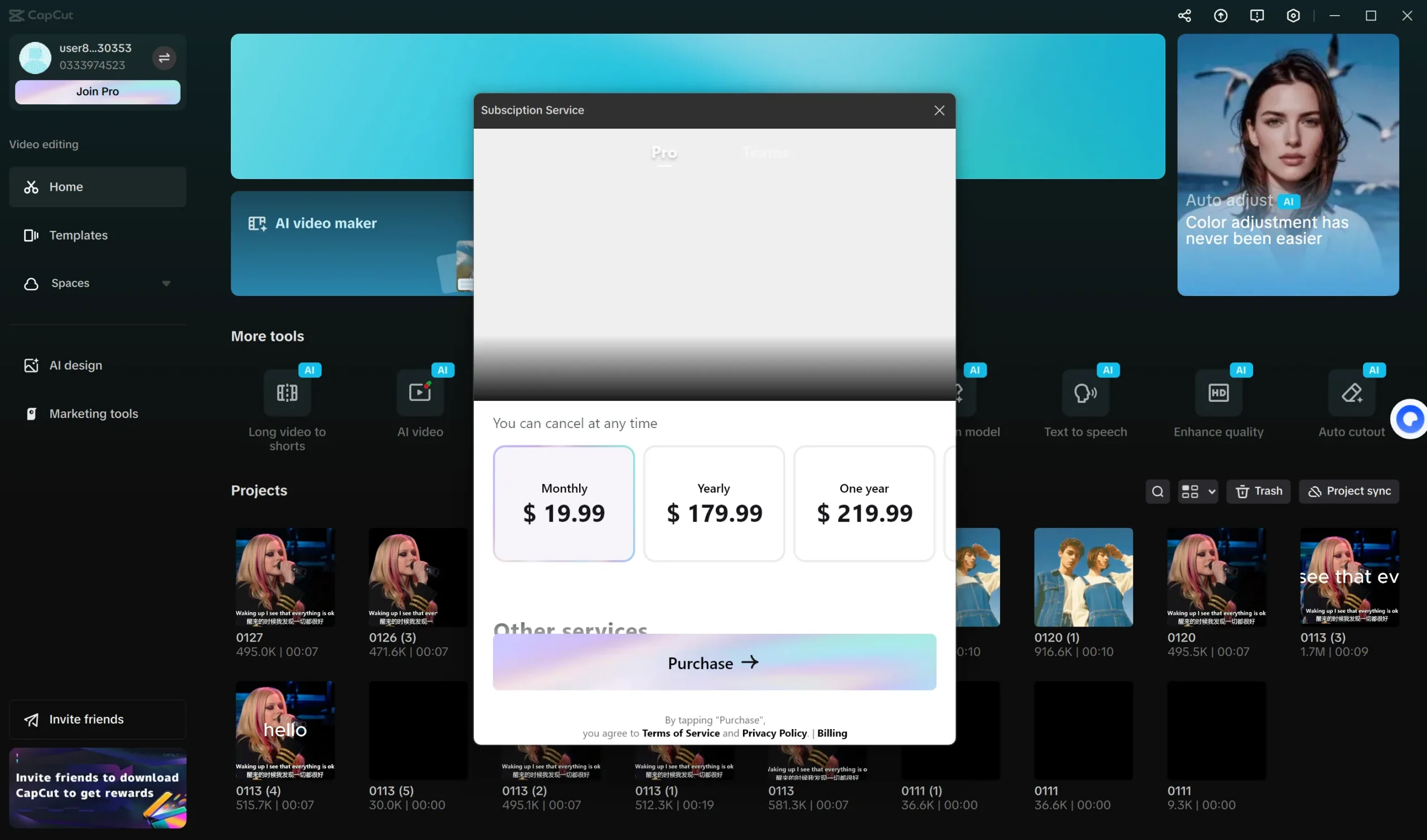 CapCut desktop Pro plan selector with monthly and yearly options