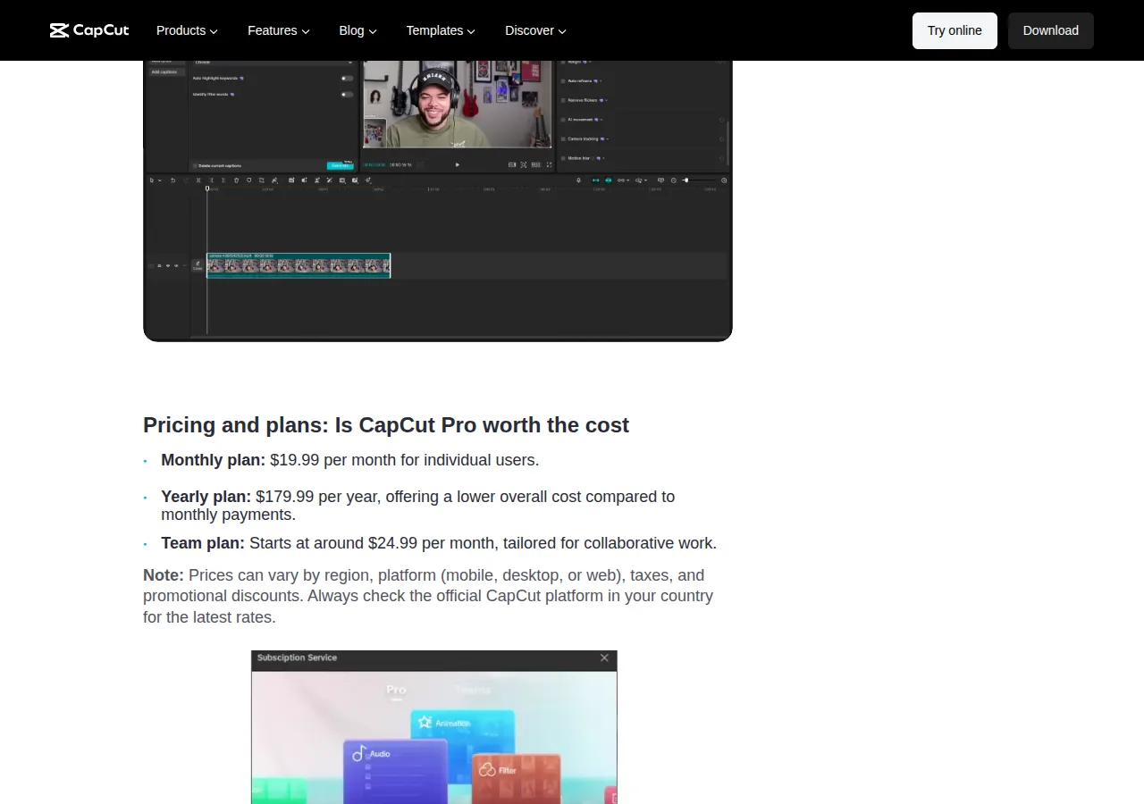CapCut guide quoting $19.99 per month and $179.99 per year