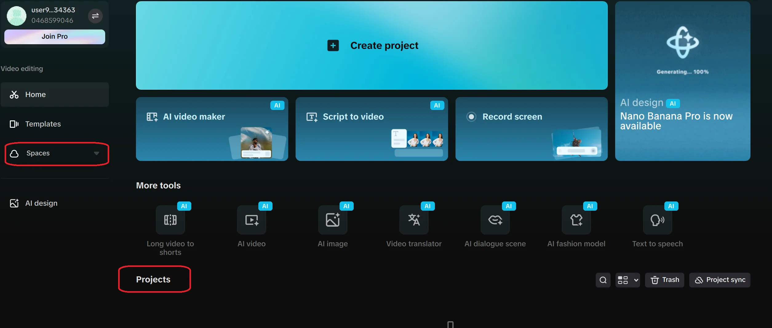 CapCut desktop sidebar with Spaces and local Projects highlighted