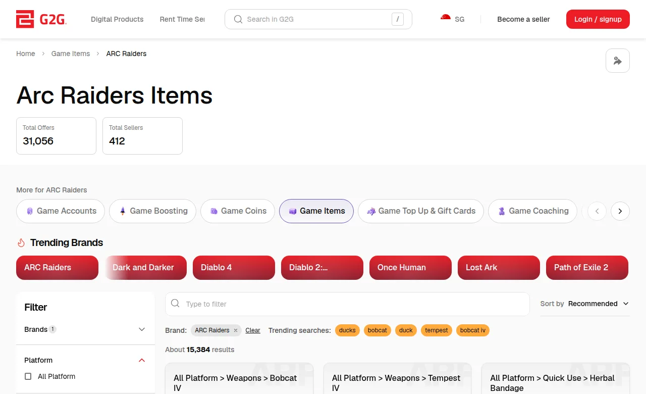 G2G ARC Raiders Items category totals, Platform filter and item groups