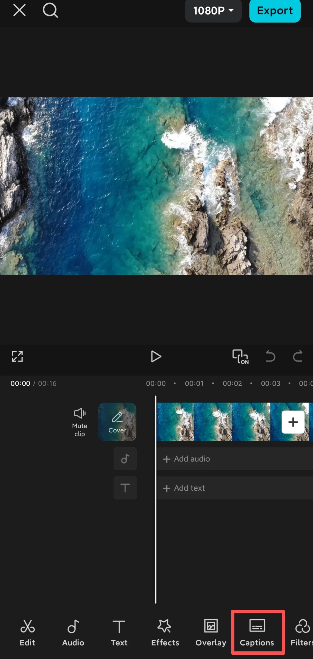CapCut 모바일 편집 화면 하단의 Captions 메뉴를 표시한 제조사 화면