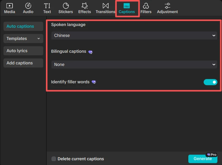 CapCut 데스크톱 자동 자막 패널의 Bilingual captions와 Generate Pro 표시