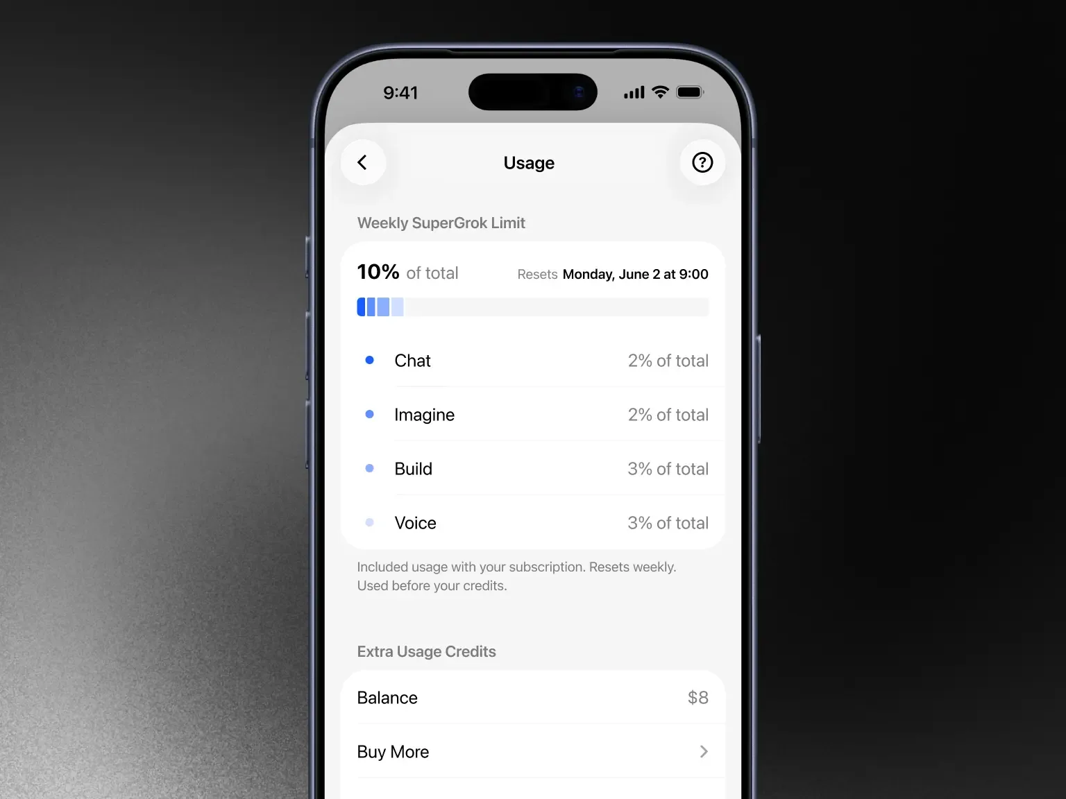 Grok Usage screen showing weekly allowance, category usage and Extra Usage Credits