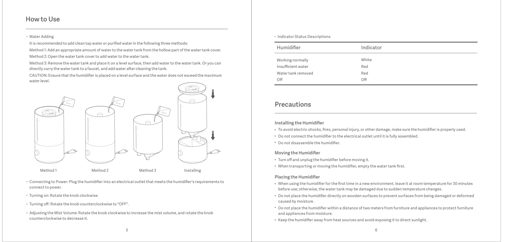 Xiaomi Humidifier 2 Lite 상부 급수와 분리 급수 방법 및 표시등 도해