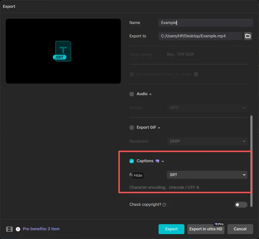 CapCut Export 창의 Captions 체크와 SRT 형식 선택