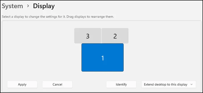 Windows 시스템 디스플레이 설정에서 화면1과2와3의 위치를 배열하는 화면
