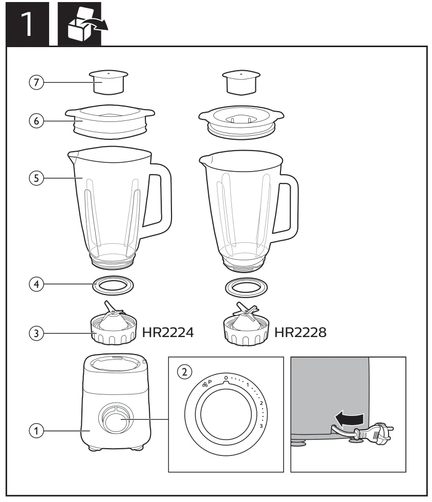 Philips HR2224·HR2228의 용기·밀봉링·분리 칼날 유닛 도해