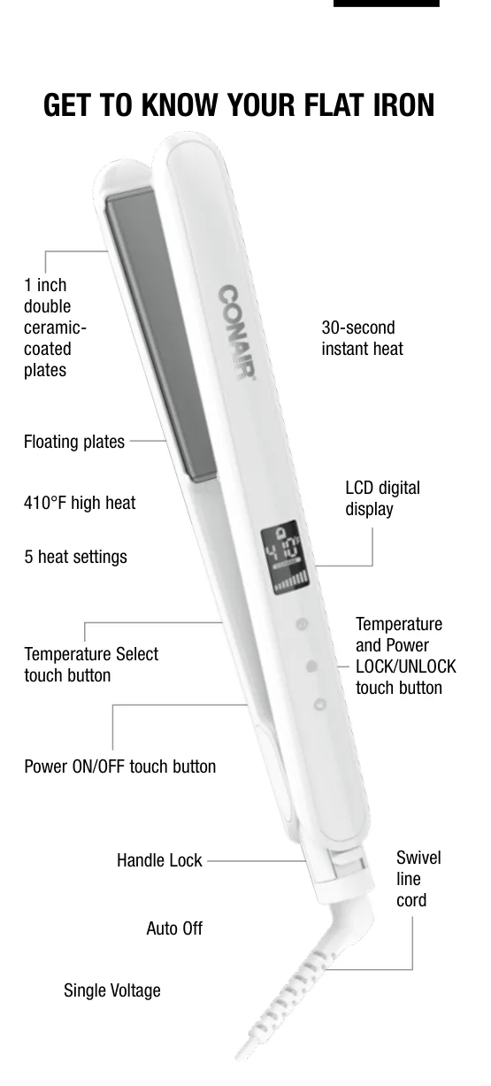 Conair CS224의 세라믹 코팅 열판과 온도 버튼 도해
