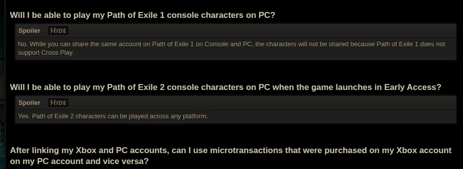 GGG FAQ의 PoE 1과 PoE 2 크로스플레이 답변
