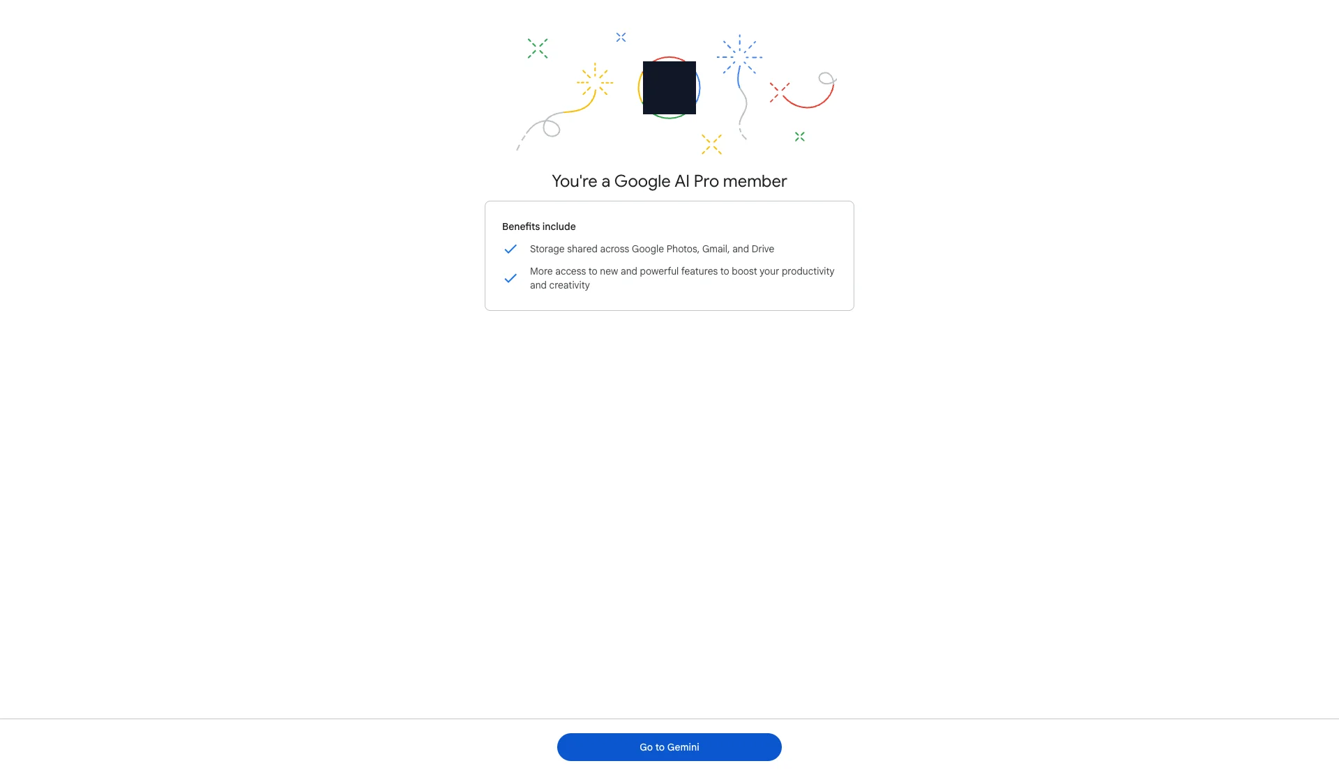 Google AI Pro membership activation confirmation with profile photo masked