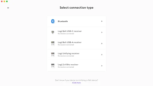 Options+에서 Bluetooth와 Bolt 수신기를 고르는 실제 연결 유형 화면