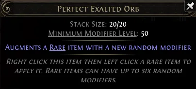 Perfect Exalted Orb의 Rare 아이템 속성 추가와 6개 한도 설명