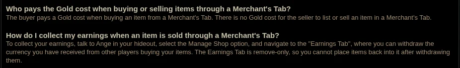 Faithful GGG official FAQ excerpt showing buyer Gold fees and Ange Manage Shop Earnings Tab withdrawal