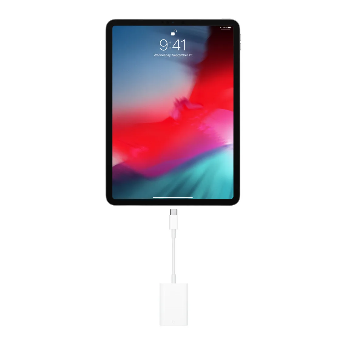 Apple USB-C SD 카드 리더와 iPad 연결 제품 렌더