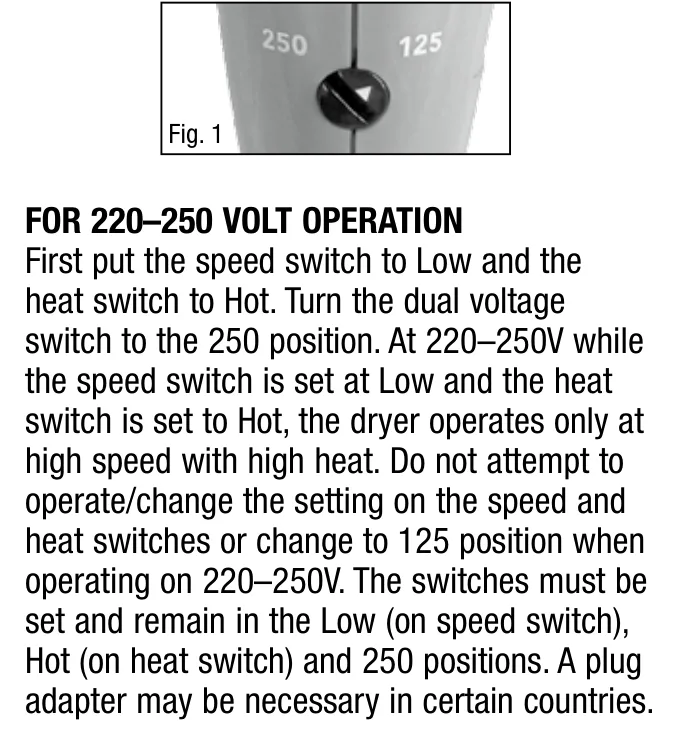 Conair 설명서의 125와 250 전압 선택 스위치와 고전압 작동 안내