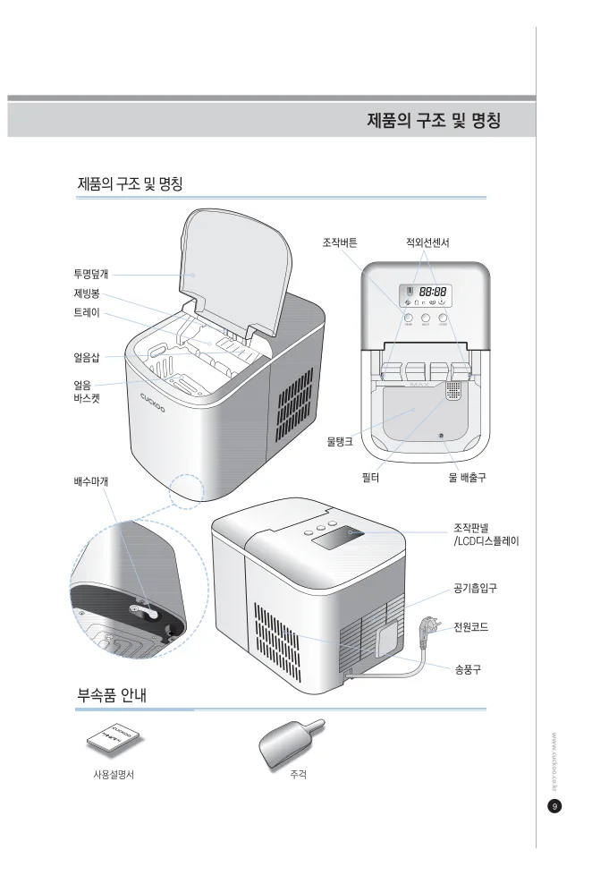 쿠쿠 제빙기의 물탱크, 얼음 바스켓과 배수마개 위치