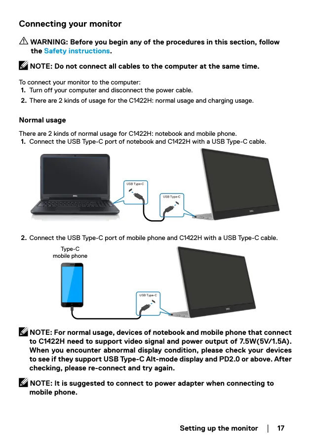 Dell C1422H의 노트북과 휴대폰 USB-C 한 케이블 연결도
