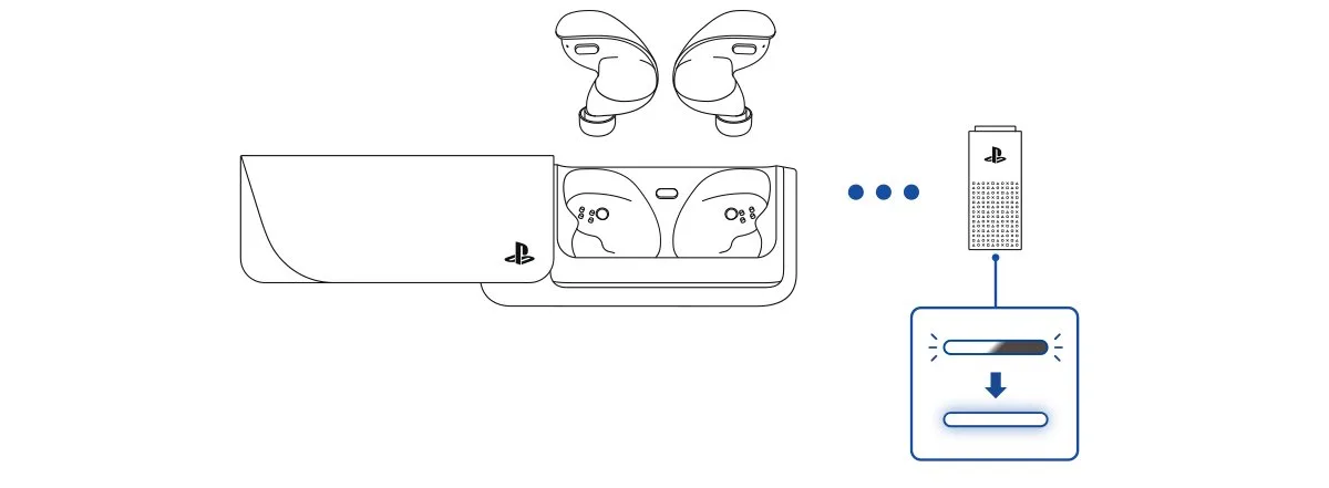 PULSE Explore 충전 케이스와 PlayStation Link USB 어댑터 연결 그림