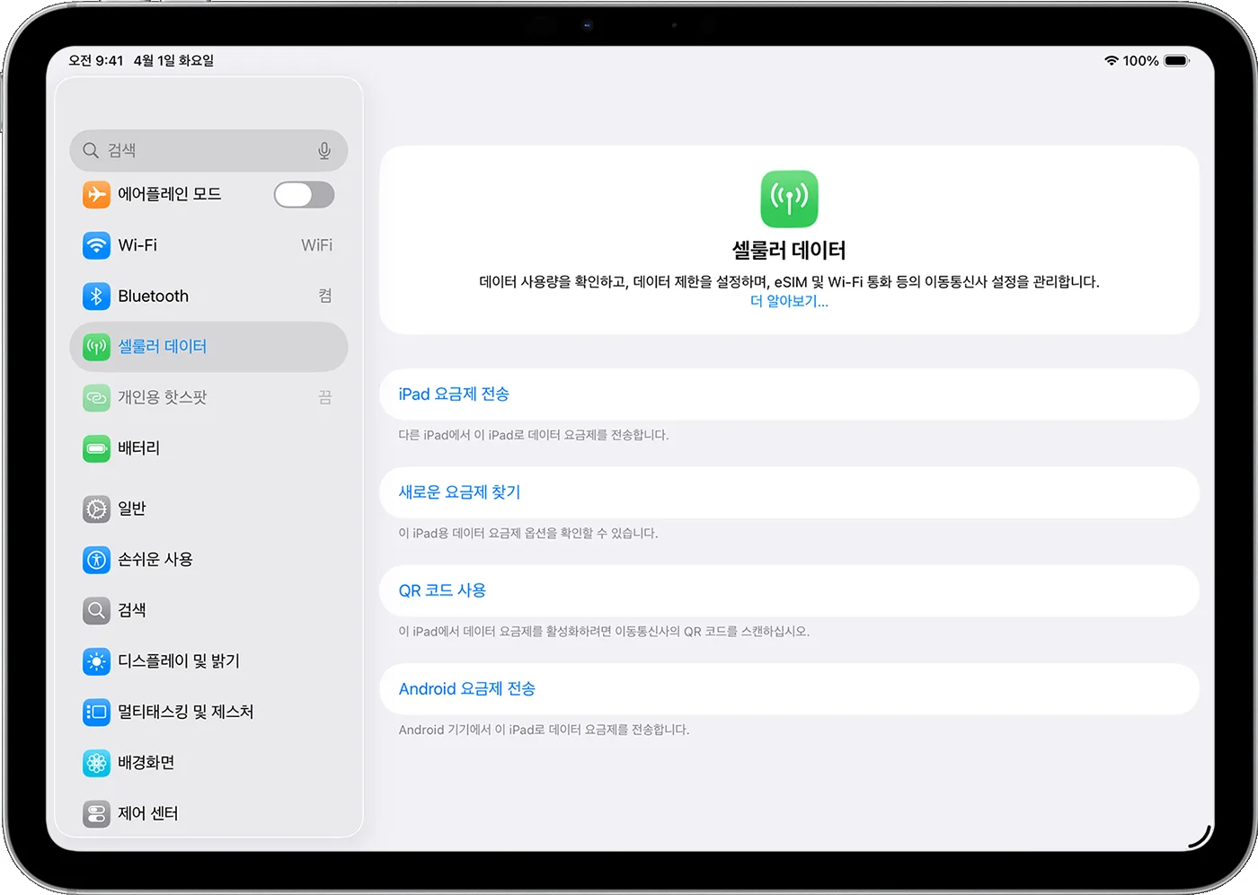 Apple 지원 문서의 iPad Pro 셀룰러 데이터와 eSIM 요금제 설정 화면